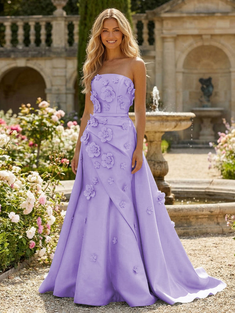 Satin A-Line Pleated Formal Dresses with 3D Flowers