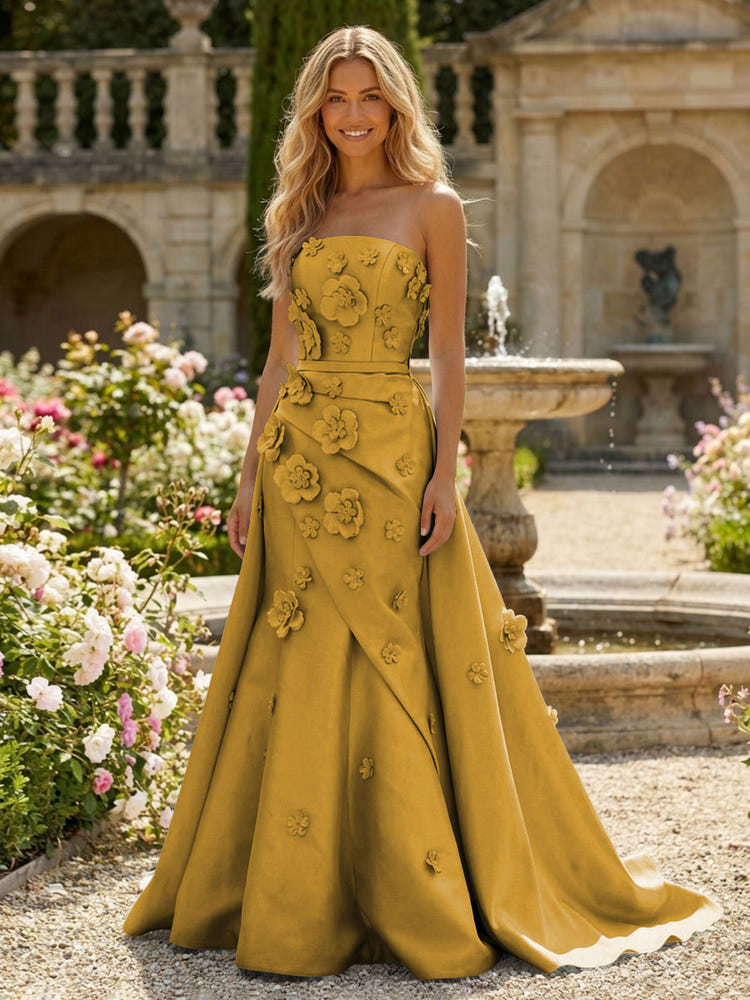 Satin A-Line Pleated Formal Dresses with 3D Flowers