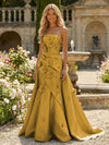 Satin A-Line Pleated Formal Dresses with 3D Flowers