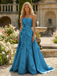 Satin A-Line Pleated Formal Dresses with 3D Flowers