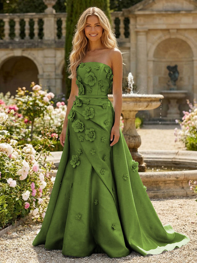 Satin A-Line Pleated Formal Dresses with 3D Flowers