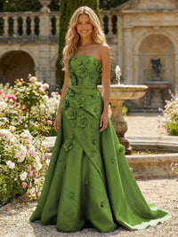 Satin A-Line Pleated Formal Dresses with 3D Flowers