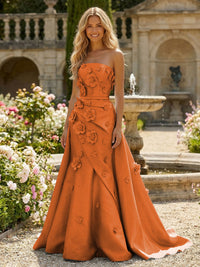 Satin A-Line Pleated Formal Dresses with 3D Flowers