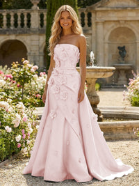Satin A-Line Pleated Formal Dresses with 3D Flowers