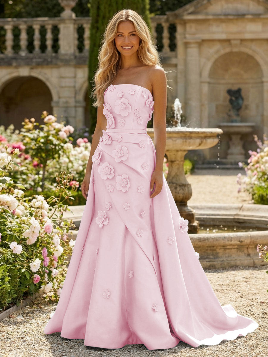 Satin A-Line Pleated Formal Dresses with 3D Flowers