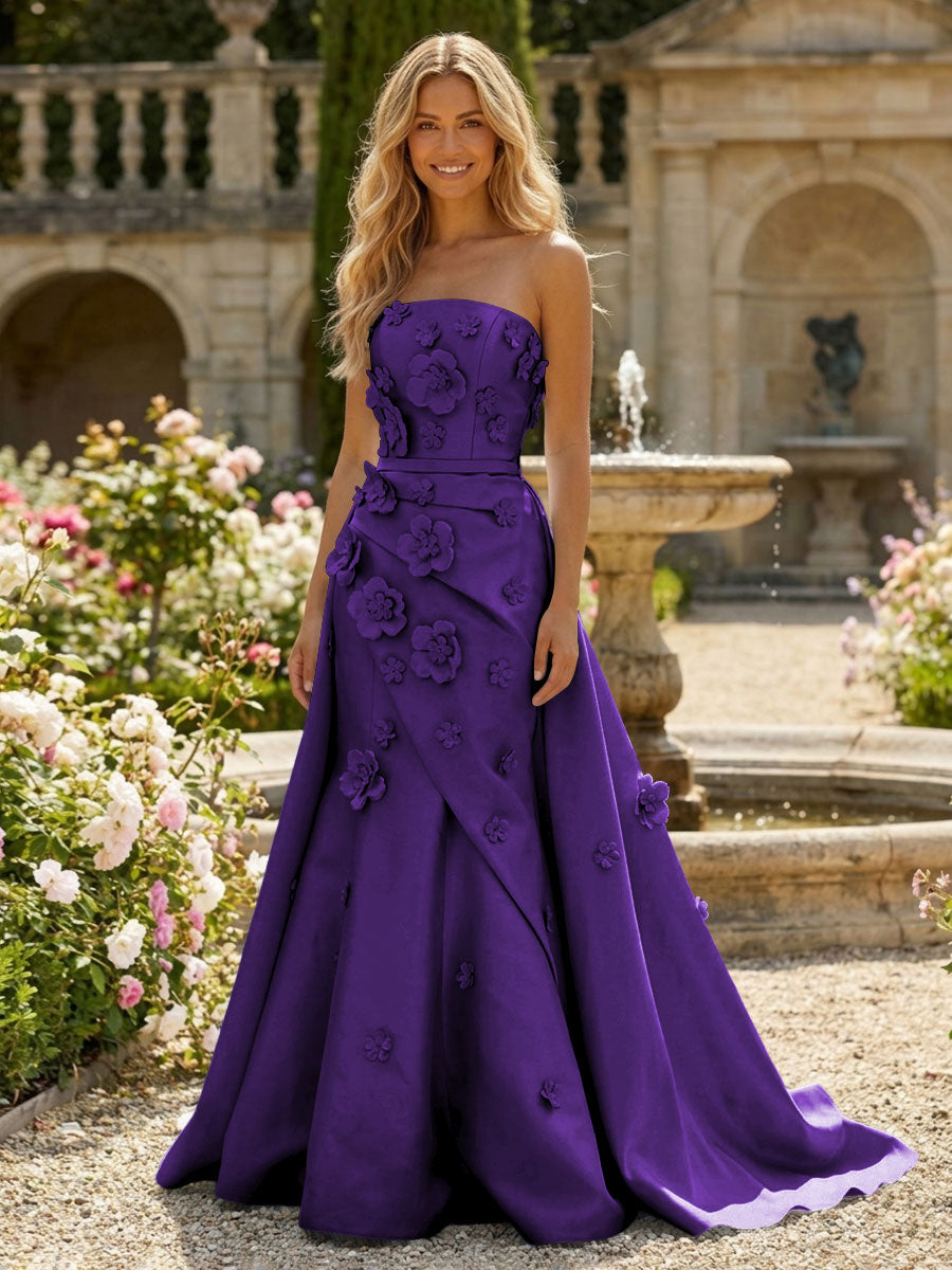 Satin A-Line Pleated Formal Dresses with 3D Flowers
