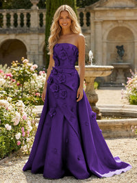 Satin A-Line Pleated Formal Dresses with 3D Flowers