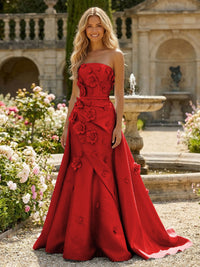 Satin A-Line Pleated Formal Dresses with 3D Flowers