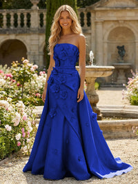 Satin A-Line Pleated Formal Dresses with 3D Flowers