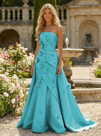 Satin A-Line Pleated Formal Dresses with 3D Flowers