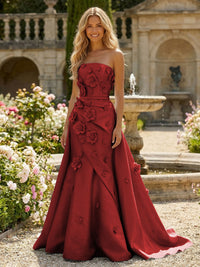 Satin A-Line Pleated Formal Dresses with 3D Flowers