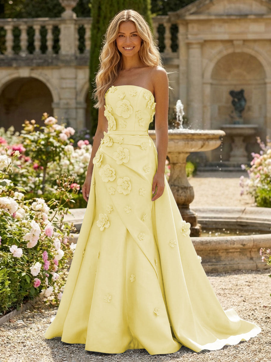 Satin A-Line Pleated Formal Dresses with 3D Flowers