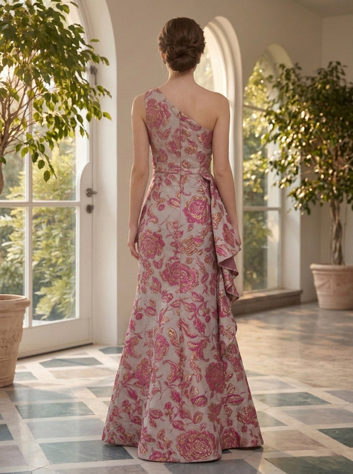 Jacquard A-Line One Shoulder Evening Dresses with Ruffles