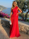 Chiffon One Shoulder Pleated Evening Dresses with 3D Flowers and Sash