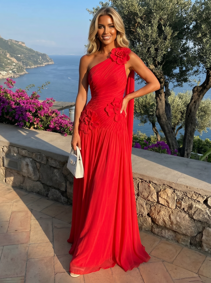 Chiffon One Shoulder Pleated Evening Dresses with 3D Flowers and Sash