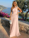 Chiffon One Shoulder Pleated Evening Dresses with 3D Flowers and Sash