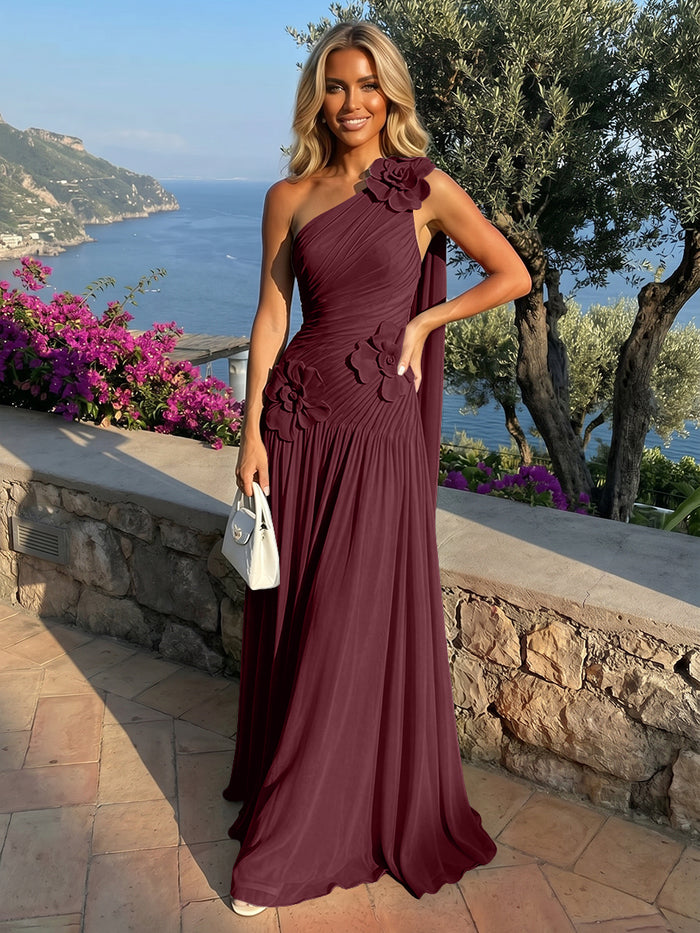 Chiffon One Shoulder Pleated Formal Party Dresses with 3D Flowers and Sash
