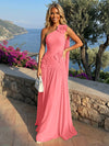 Chiffon One Shoulder Pleated Evening Dresses with 3D Flowers and Sash