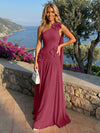 Chiffon One Shoulder Pleated Evening Dresses with 3D Flowers and Sash