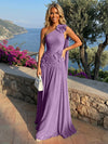Chiffon One Shoulder Pleated Evening Dresses with 3D Flowers and Sash