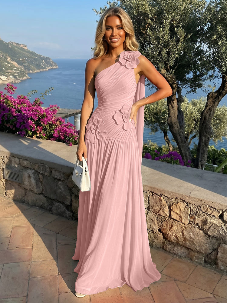 Chiffon One Shoulder Pleated Evening Dresses with 3D Flowers and Sash