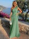Chiffon One Shoulder Pleated Evening Dresses with 3D Flowers and Sash