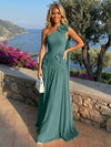 Chiffon One Shoulder Pleated Evening Dresses with 3D Flowers and Sash