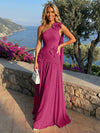 Chiffon One Shoulder Pleated Evening Dresses with 3D Flowers and Sash