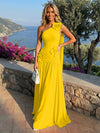 Chiffon One Shoulder Pleated Evening Dresses with 3D Flowers and Sash