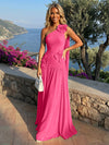 Chiffon One Shoulder Pleated Evening Dresses with 3D Flowers and Sash