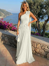 Chiffon One Shoulder Pleated Evening Dresses with 3D Flowers and Sash