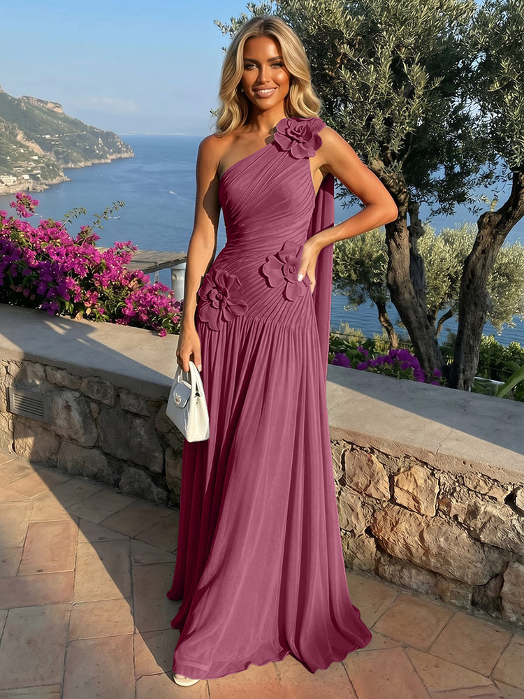 Chiffon One Shoulder Pleated Evening Dresses with 3D Flowers and Sash