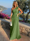 Chiffon One Shoulder Pleated Evening Dresses with 3D Flowers and Sash