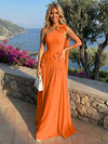 Chiffon One Shoulder Pleated Evening Dresses with 3D Flowers and Sash