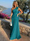 Chiffon One Shoulder Pleated Evening Dresses with 3D Flowers and Sash