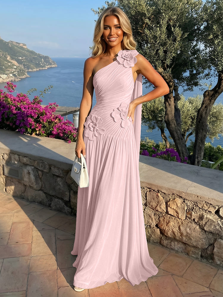 Chiffon One Shoulder Pleated Evening Dresses with 3D Flowers and Sash