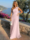 Chiffon One Shoulder Pleated Evening Dresses with 3D Flowers and Sash