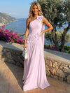 Chiffon One Shoulder Pleated Evening Dresses with 3D Flowers and Sash