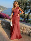 Chiffon One Shoulder Pleated Evening Dresses with 3D Flowers and Sash