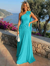 Chiffon One Shoulder Pleated Evening Dresses with 3D Flowers and Sash
