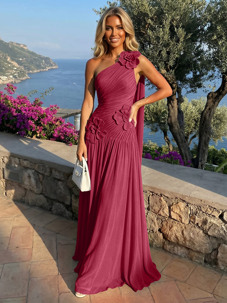Chiffon One Shoulder Pleated Evening Dresses with 3D Flowers and Sash