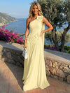 Chiffon One Shoulder Pleated Evening Dresses with 3D Flowers and Sash