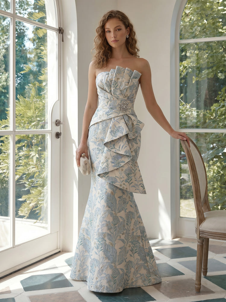 Jacquard Mermaid Strapless Evening Dresses with Rhinestone