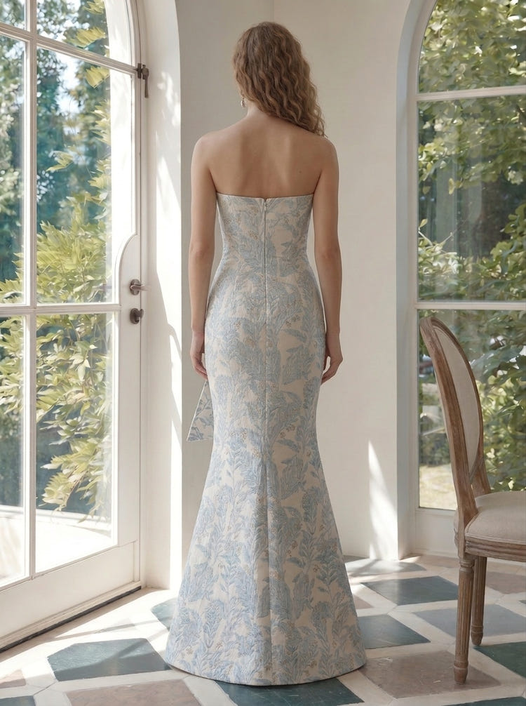 Jacquard Mermaid Strapless Evening Dresses with Rhinestone
