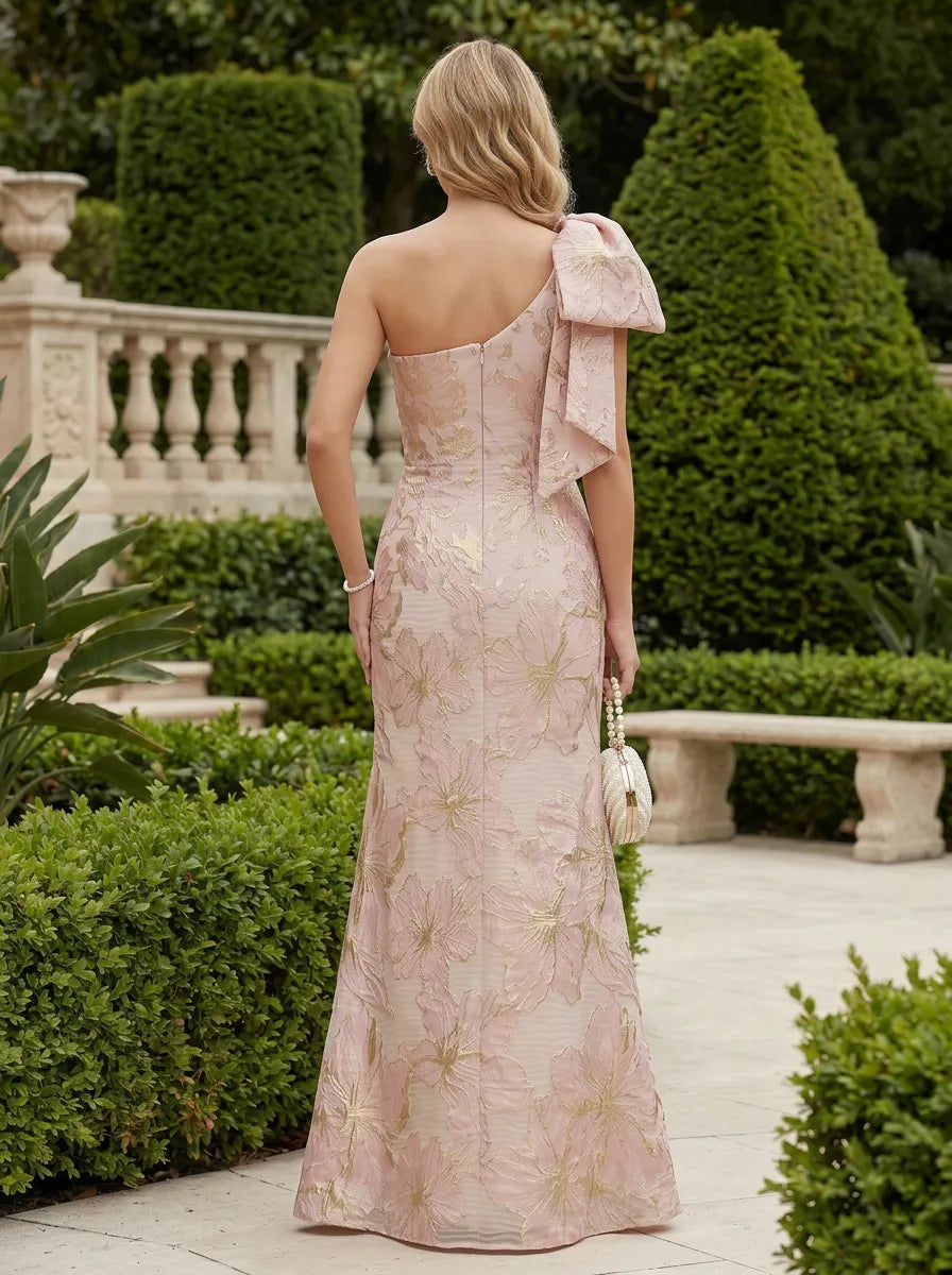 Jacquard A-Line One Shoulder Evening Dresses with Bow