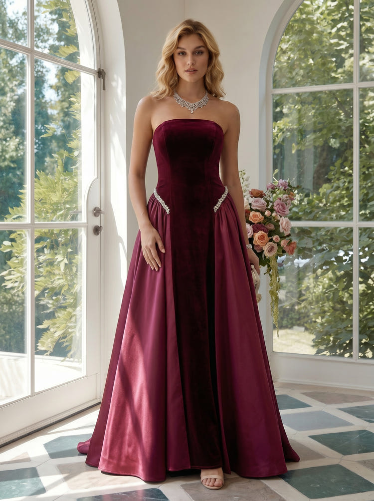 Velvet A-Line Strapless Evening Dresses with Rhinestone