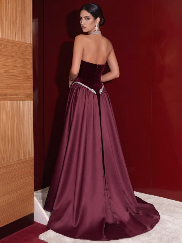 Velvet A-Line Strapless Evening Dresses with Rhinestone