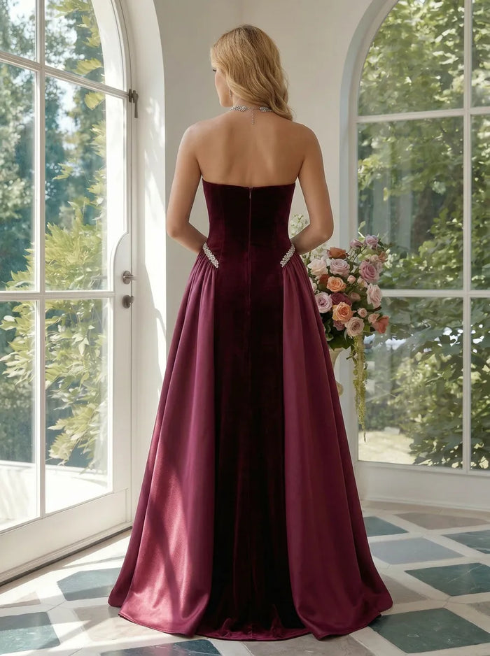 Velvet A-Line Strapless Evening Dresses with Rhinestone