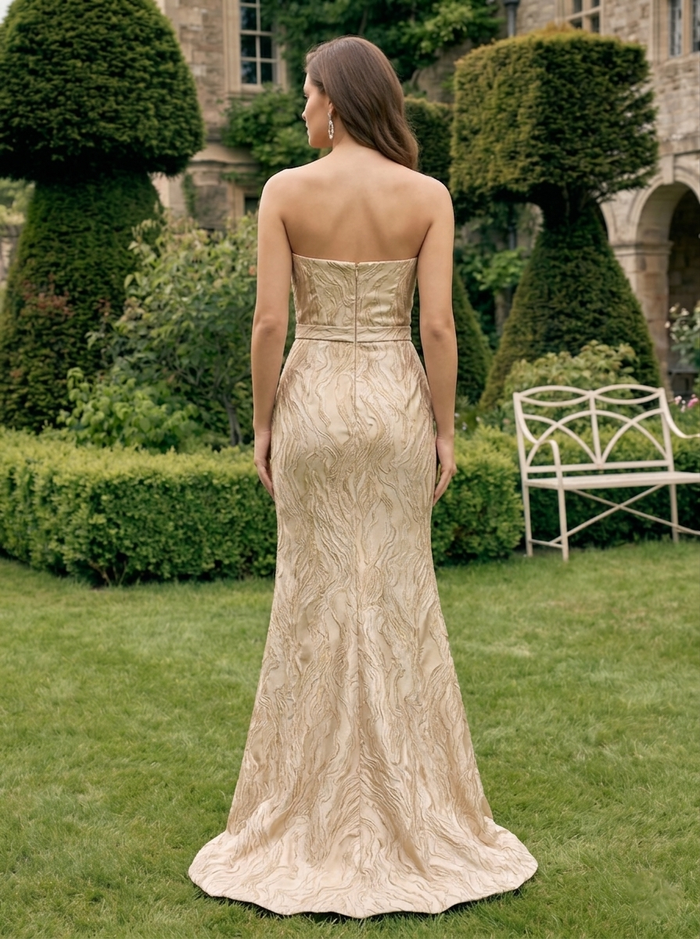Jacquard Mermaid Strapless Evening Dresses with Side Slit