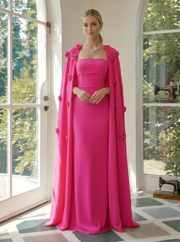 Satin Sheath Strapless Evening Dresses with Caps